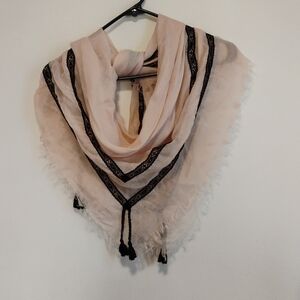 Jennifer Lopez | Blush Pink + Black Fringe Shawl Scarf